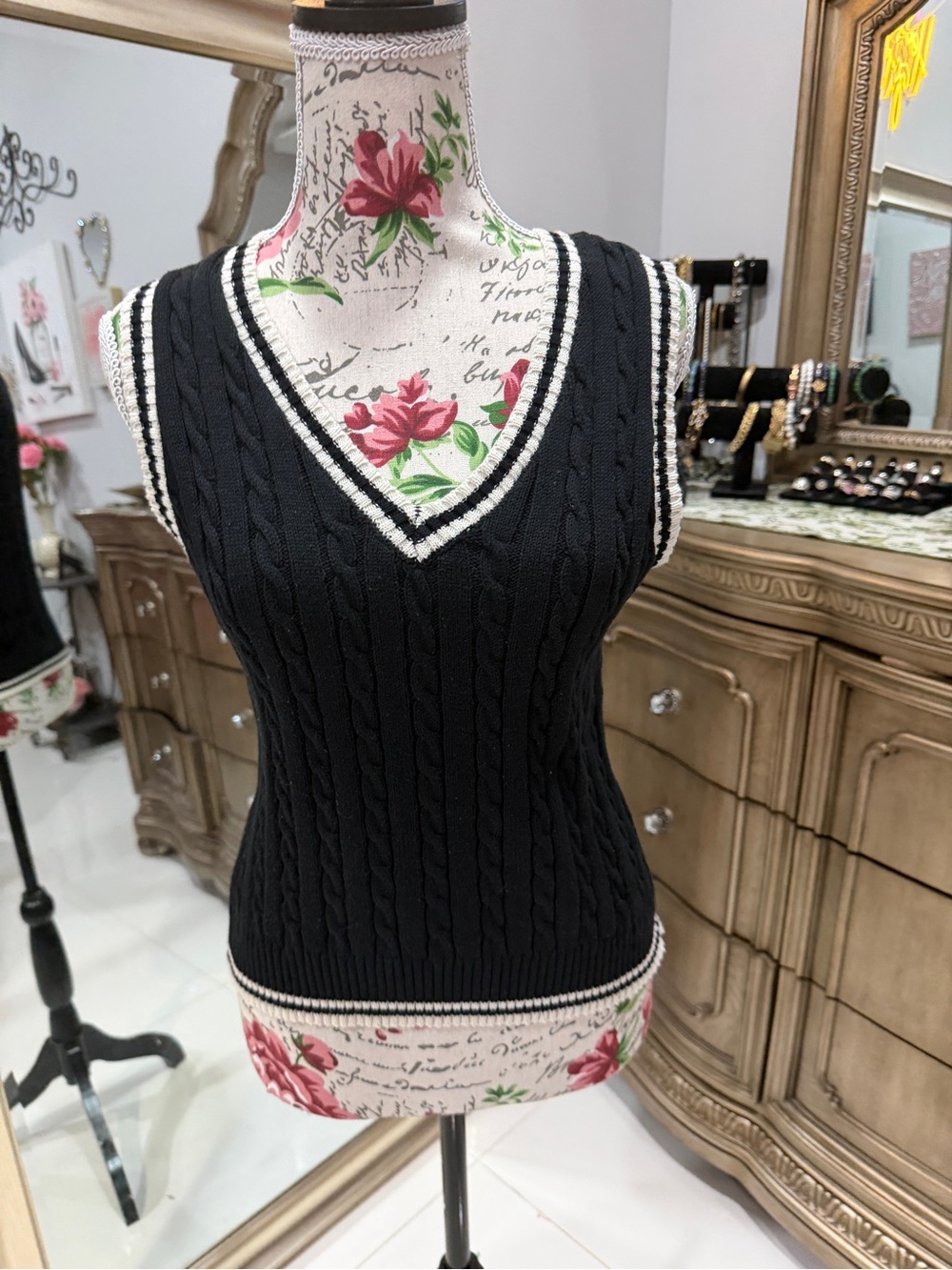 Say What? Black Cable Knit V-Neck Sweater Vest with White Trim